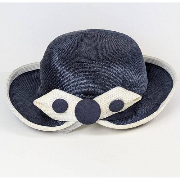 Jack McConnell Boutique Vintage Blue White Straw Hat Bow Asymmetrical Brim Derby
